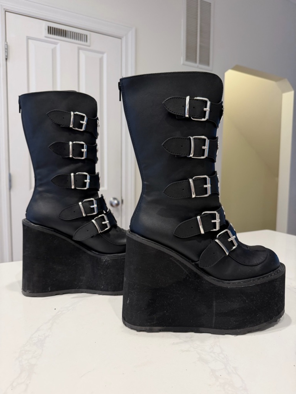 Demonia SWING-230 Platform Mid-Calf Buckle Boots in Black with Heart Accents - Picture 6 of 6